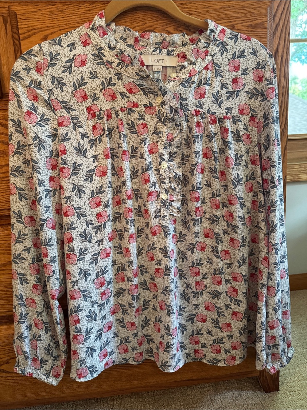 LOFT Cream Floral Henley Blouse with Pink Blooms